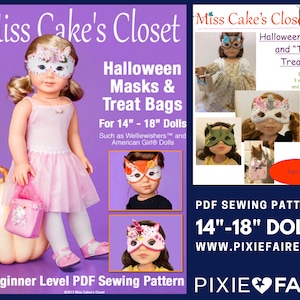 Mönster för Halloween-masker och Bus eller Treat-väskor, 14-18 tums dockkläder och tillbehör - Miss Cakes garderob - PDF - Pixie Faire