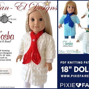 Puede incluir: Patrón de tejido de punto PDF para muñecas de 18", con un abrigo blanco y una bufanda roja. El patrón se llama "Tasha Coat & Scarf" y está diseñado por Dan-El Designs. El patrón está disponible en Pixie Faire.