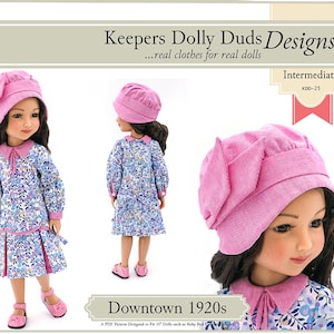 May include: A PDF sewing pattern for a 1920s-style dress and hat for a 15-inch doll. The pattern is titled "Downtown 1920s" and is labeled "Intermediate" and "KDD-25". The dress is a floral print with a pink collar and cuffs. The hat is pink with a bow on top.
