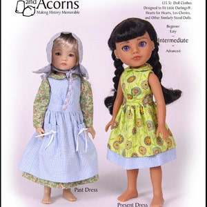May include: PDF sewing pattern for making two dresses for 13-inch and 14-inch dolls. The pattern includes a blue and white gingham dress with a floral print overlay and a green dress with a floral print. The pattern is titled "Country Girl" and includes the text "#1870-07".