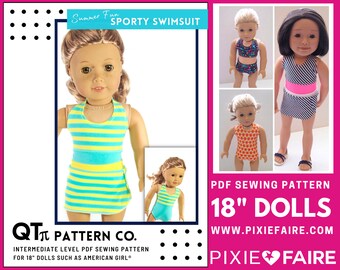 Summer Fun Sporty Swimsuit 18 inch Doll Clothes Pattern Fits Dolls such as American Girl® - QT Pi Pattern Co - PDF - Pixie Faire