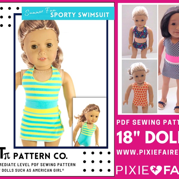 Summer Fun Sporty Swimsuit 18 inch Doll Clothes Pattern Fits Dolls such as American Girl® - QT Pi Pattern Co - PDF - Pixie Faire