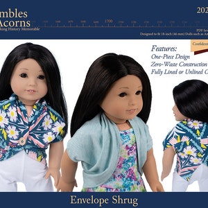 May include: A sewing pattern for a doll shrug, designed to fit 18-inch dolls. The pattern includes a floral print, a solid blue shrug, and a solid white shrug. The pattern is titled "Envelope Shrug" and is labeled "Confident Beginner".