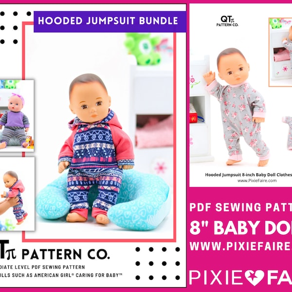 Kapuzen-Jumpsuit Bundle 20 cm Baby Doll Kleidung Muster Passt Babypuppen wie Caring For Baby - QT Pi Pattern Co - PDF - Pixie Faire