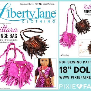 May include: A PDF sewing pattern for a Killara fringe bag, designed for 18-inch dolls. The image shows a pink and a brown bag with fringe and beaded accents. The pattern is from Liberty Jane Clothing and is a beginner level, no-sew pattern.