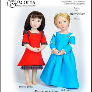 May include: A PDF sewing pattern for a 16-inch doll dress. The pattern includes instructions for a red and black plaid dress and a blue dress. The pattern is titled "Side Laced Kirtle Ensemble" and is labeled "Intermediate" difficulty.