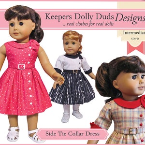 Side Tie Collar Dress 18 inch Doll Clothes Pattern Designed to Fit Dolls such as American Girl® - Keepers Dolly Duds - PDF - Pixie Faire