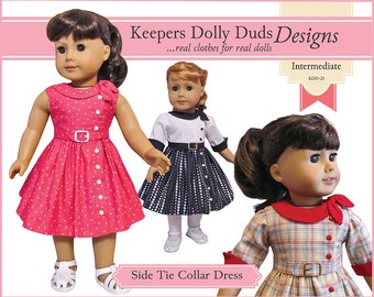Side Tie Collar Dress 18 inch Doll Clothes Pattern Designed to Fit Dolls such as American Girl® - Keepers Dolly Duds - PDF - Pixie Faire
