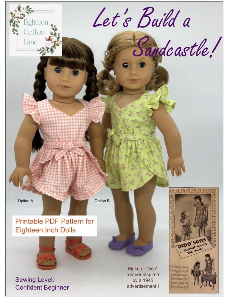 Let's Build a Sandcastle! 18" Doll Clothes Pattern Designed to Fit Popular 18" Dolls - Eighteen Cotton Lane - PDF - Pixie Faire