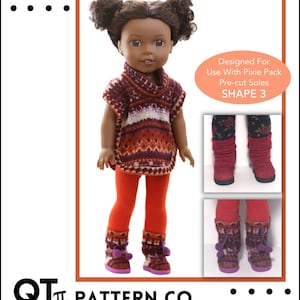 May include: A sewing pattern for making a sweater and mukluks for 14.5 inch dolls. The pattern is designed for use with Pixie Pack pre-cut soles. The pattern is labelled "Shape 3".