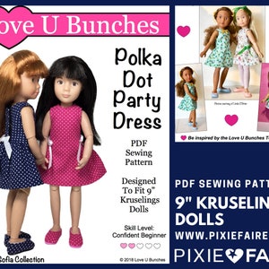 Può includere: Modello di cucito PDF per un abito da festa a pois per bambole Kruselings da 23 cm. Il modello è stato progettato da Love U Bunches e presenta due bambole che indossano l'abito in blu e rosa.