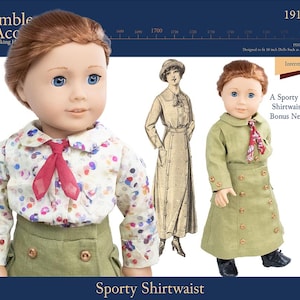 May include: A doll wearing a floral print shirt with a red necktie and a green skirt. The image also shows a doll in a green outfit and a vintage illustration of a woman in a long coat. Text on the image reads "Sporty Shirtwaist".