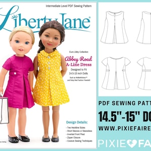 May include: A PDF sewing pattern for a 14.5-15 inch doll dress called "Abbey Road A-Line Dress" from Liberty Jane. The pattern includes two neckline styles, short or sleeveless, an inverted front pleat, zipper closure, and couture sewing techniques. The pattern is designed for dolls such as WelleWishers and Ruby Red Fashion Friends.