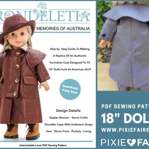 Puede incluir: Patrón de costura PDF para hacer un abrigo para muñecas de 45 cm. El patrón incluye instrucciones para una manga raglan, un cuello de tormenta, una capa de hombro, correas debajo de los brazos, una ventilación, un frente de tormenta, bolsillos y un forro. El patrón es para un nivel de costura intermedio. La imagen muestra una muñeca con un abrigo marrón y un sombrero.