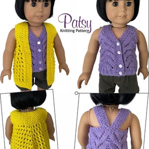 May include: A knitting pattern for a doll vest called "Patsy". The pattern shows a purple vest with white buttons and a yellow vest. The pattern is by Dan-El Designs.