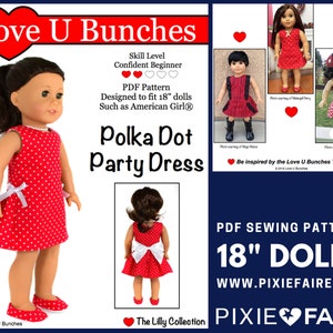 Può includere: Modello di cucito PDF per bambole di 45,7 cm per realizzare un abito da festa a pois rossi. Il modello è stato progettato da Love U Bunches e si chiama "The Lilly Collection".