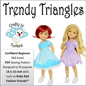 May include: PDF sewing pattern for making trendy triangle dresses for 14.5-15 inch dolls. The pattern is designed for confident beginners and features a cute turkey illustration.