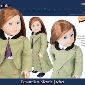 May include: Three dolls wearing a green skirt suit with an asymmetrical lapel jacket. The dolls have red hair and blue eyes. The text on the image reads "Edwardian Bicycle Jacket" and "A Sporty Jacket with Asymmetrical Lapels that can be Worn Open OR Closed!"