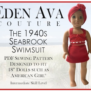 May include: A red and white polka dot swimsuit with a white scalloped trim for 18 inch dolls. The swimsuit is designed in a 1940s style and is called "The Seabrook Swimsuit". The pattern is a PDF sewing pattern by Eden Ava Couture.