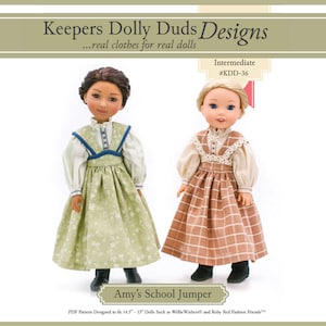 May include: A PDF sewing pattern for a doll's jumper, titled "Amy's School Jumper". The pattern is designed for 14.5-15 inch dolls, such as Wellie Wishers and Ruby Red Fashion Friends. The pattern is shown with two dolls wearing the jumper, one in a green and white plaid and the other in a brown and white plaid.