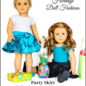 May include: A PDF sewing pattern for a party skirt for 18-inch dolls. The pattern is for a beginner level sewer and is suitable for dolls like American Girl. The image shows two dolls wearing the skirt in different colours.