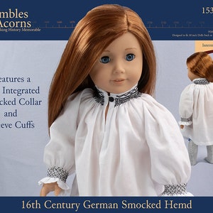 May include: A white smocked shirt with black trim for 18-inch dolls. The shirt has a fully integrated smocked collar and sleeve cuffs. The pattern is for an intermediate skill level. The pattern is called "16th Century German Smocked Hemd" and the pattern number is 1530-02.
