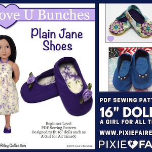 Plain Jane Shoes 16 inch Doll Clothes Pattern Fits A Girl For All Time® Dolls – Love U Bunches - PDF - Pixie Faire