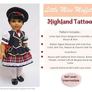 Könnte beinhalten: Eine Puppe in einem Highland Tattoo-Outfit, einschließlich eines marineblauen Baretts, einer marineblauen und goldfarbenen Weste und eines rot-schwarz karierten Rocks. Das Outfit ist für 45.7 cm große Puppen konzipiert. Der Text "Little Miss Muffett Highland Tattoo" ist enthalten.