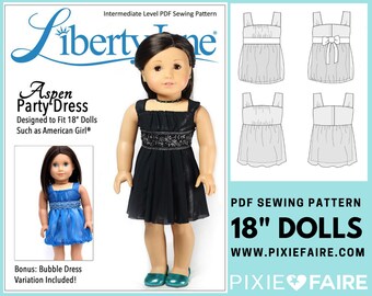 Aspen Party Dress 18 inch Doll Clothes Pattern Fits Popular 18" Dolls - Liberty Jane - PDF - Pixie Faire