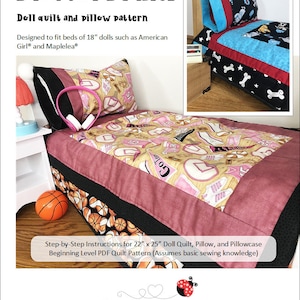 Puede incluir: Un patrón PDF para una colcha de muñeca, una almohada y una funda de almohada de 56 cm x 63,5 cm. El patrón presenta un diseño de baloncesto de color rosa y negro. El patrón es para principiantes en costura y asume conocimientos básicos de costura. El patrón es de Ladybug Doll Quilts.