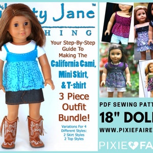 May include: A PDF sewing pattern for making a 3-piece outfit for 18-inch dolls. The outfit includes a California cami, mini skirt, and t-shirt. The pattern includes variations for 4 different styles, with 2 skirt styles and 2 top styles. The pattern is available from Pixie Faire.