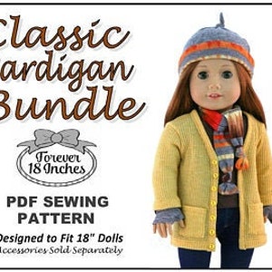 May include: PDF sewing pattern for a classic cardigan designed to fit 18 inch dolls. The pattern includes a yellow cardigan with pockets, a blue and orange striped scarf, and a blue and orange hat.