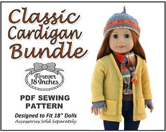 Classic Cardigan Bundle 18 inch Doll Clothes Pattern Fits Popular 18" Dolls - Forever 18 Inches - PDF - Pixie Faire