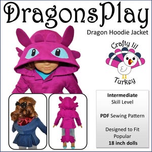 Könnte beinhalten: Ein PDF-Schnittmuster für eine Drachen-Kapuzenjacke für 45 cm Puppen. Das Schnittmuster wurde von Crafty Lil Turkey entworfen und ist für fortgeschrittene Näher geeignet.