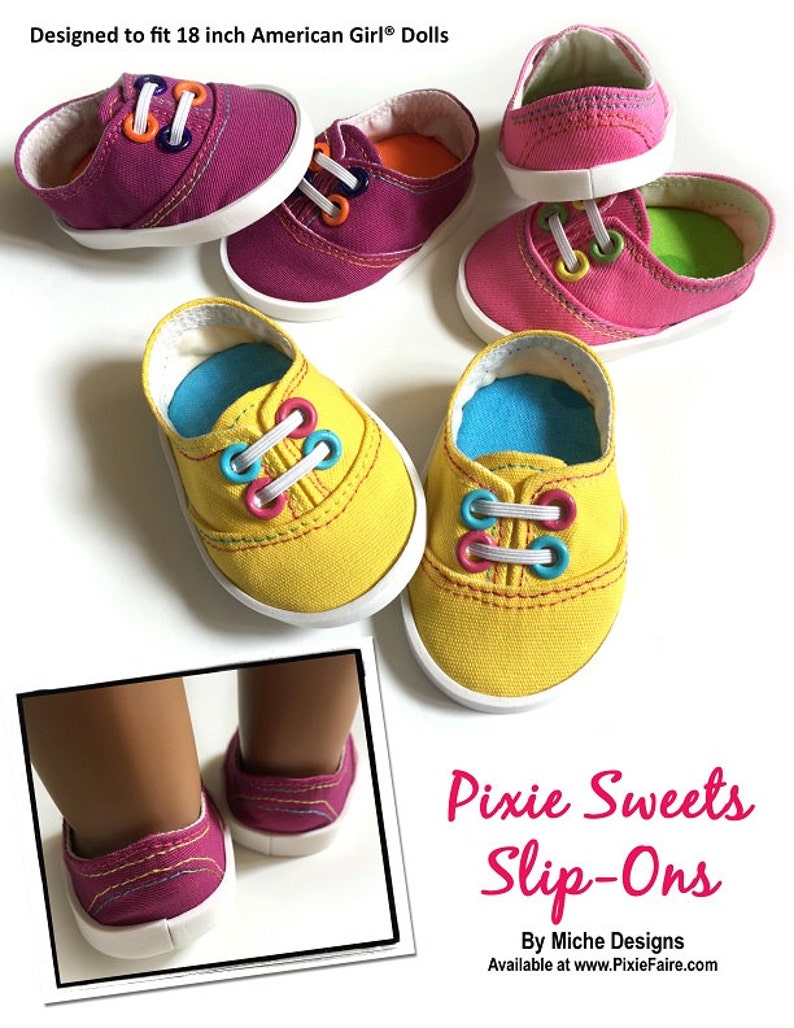 May include: A set of four colorful slip-on shoes designed to fit 18-inch American Girl&reg; dolls. The shoes are made of fabric and have a white sole. The shoes are pink, yellow, and have a variety of colorful laces. "Pixie Sweets Slip-Ons" is written in pink text on a white background.