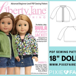 May include: PDF sewing pattern for an 18 inch doll aviator jacket. The pattern is designed to fit dolls such as American Girl. The pattern includes instructions for making a green and a floral patterned jacket. The pattern is available on the website www.pixiefaire.com. The text "The Malibu Libby: MVILA Aviator Jacket" is also included in the image.