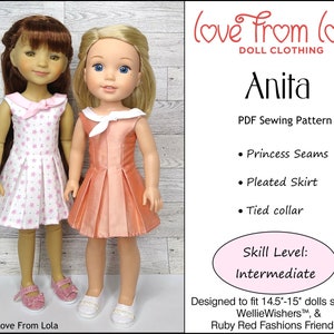 Może przedstawiać: Wzór szycia PDF na sukienkę dla lalki o nazwie "Anita" od Love From Lola. Wzór zawiera instrukcje dotyczące szwów księżniczki, plisowanej spódnicy i wiązanego kołnierzyka. Wzór jest przeznaczony dla lalek o wysokości 14,5-15 cali, takich jak WellieWishers i Ruby Red Fashions Friends. Poziom umiejętności jest średni.