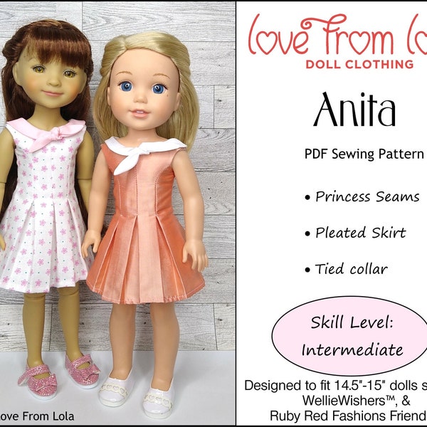Anita Dress 14.5-15 inch Doll Clothes Pattern Designed to Fit Dolls such as WW and RRFF - Love From Lola - PDF - Pixie Faire