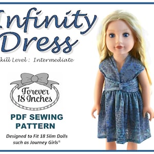 Puede incluir: Patrón de costura PDF para un vestido infinito diseñado para muñecas delgadas de 45,7 cm, como Journey Girls. El patrón es para un nivel de habilidad intermedio. La imagen muestra una muñeca con un vestido estampado azul y turquesa.