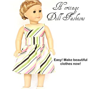 May include: A sewing pattern for a wrap top dress for 18 inch dolls. The pattern is shown on a doll wearing a pink, green, and black striped dress. The pattern is titled "Wrap Top Dress Sewing Pattern for 18" Dolls".