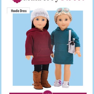 Peut inclure: Patron de couture PDF pour une robe à capuche pour poupée de 45,7 cm. Le patron comprend des instructions pour un niveau de compétence intermédiaire. L'image montre deux poupées portant la robe à capuche finie en rouge et turquoise.