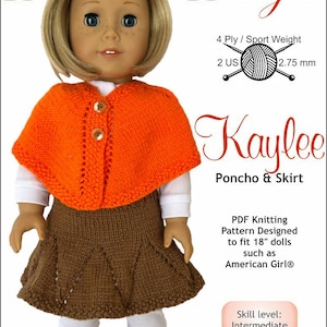 Op de afbeelding: Breipatroon voor een poncho en rok voor een pop. Het patroon is ontworpen voor poppen van 45,7 cm, zoals American Girl poppen. Het patroon is voor een gemiddeld vaardigheidsniveau. Het patroon is geschreven in het Engels. Het patroon bevat instructies voor het breien van een poncho en een rok. Het patroon is beschikbaar als PDF-download.