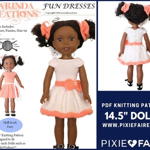 May include: PDF knitting pattern for 14.5 inch dolls. The pattern includes two dresses, panties, a hair tie, and a bow. The pattern is designed to fit dolls such as Wellie Wishers. The pattern is easy to follow and includes instructions for knitting the dresses, panties, hair tie, and bow.