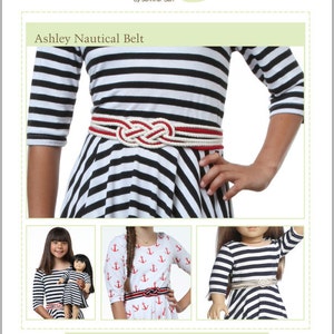 May include: A sewing tutorial pattern for girls and 18" dolls. The image features a nautical belt design with a white rope knot and red accents. The belt is shown on a black and white striped dress. Additional images show the belt on other dresses.