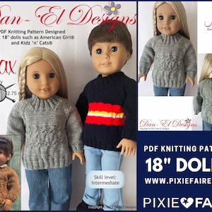 May include: PDF knitting pattern for 18 inch dolls. The pattern is called "Max" and is designed to fit dolls such as American Girl and Kidz 'n' Cats. The pattern includes instructions for knitting a grey sweater with a cable pattern and a blue sweater with a red and yellow stripe. The pattern is available on the website www.pixiefaire.com.