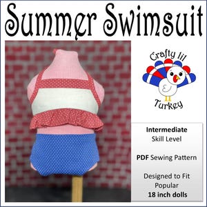 May include: A doll swimsuit pattern with the text "Summer Swimsuit". The swimsuit is pink, white, and blue with a polka dot design. The image includes a "Crafty lil Turkey" logo and text indicating it's a PDF sewing pattern for 18-inch dolls.