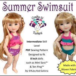 May include: PDF sewing pattern for an 8 inch doll swimsuit. The pattern is designed for dolls like Mini Sara and Ten Ping. The pattern is made with woven fabric and is an intermediate skill level project.