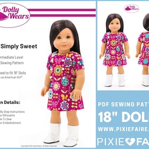 Puede incluir: Patrón de costura PDF para un vestido de muñeca de 45,7 cm. El vestido es de corte A, con un estampado floral en tonos rosa, verde y amarillo. El patrón incluye instrucciones paso a paso y un adorno de botón.  "60s N Simply Sweet" y "Dolly Wears" están escritos en el patrón.