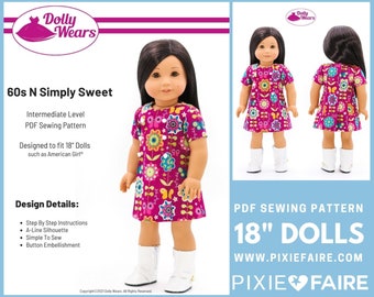60s N Simply Sweet Dress 18 inch Doll Clothes Pattern Fits Popular 18" Dolls - Dolly Wears - PDF - Pixie Faire