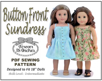 May include: PDF sewing pattern for a button front sundress designed to fit 18 inch dolls. The pattern is for an intermediate skill level. The image shows two dolls wearing the sundress in different fabrics.